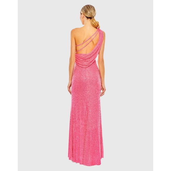 Ieena for Mac Duggal Sequined One Shoulder Draped Back Gown in Rose Size 0 - Picture 4 of 12